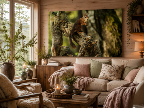 Ekorn stående på roten – Veggbilde & Naturfoto fra norsk skog